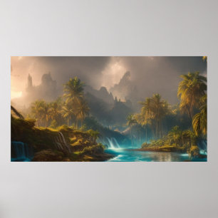 Beautiful Tropical Jungle palm trees and River 1 Poster