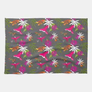 Beautiful Tropical Leaves and Hummingbirds Pattern Tea Towel