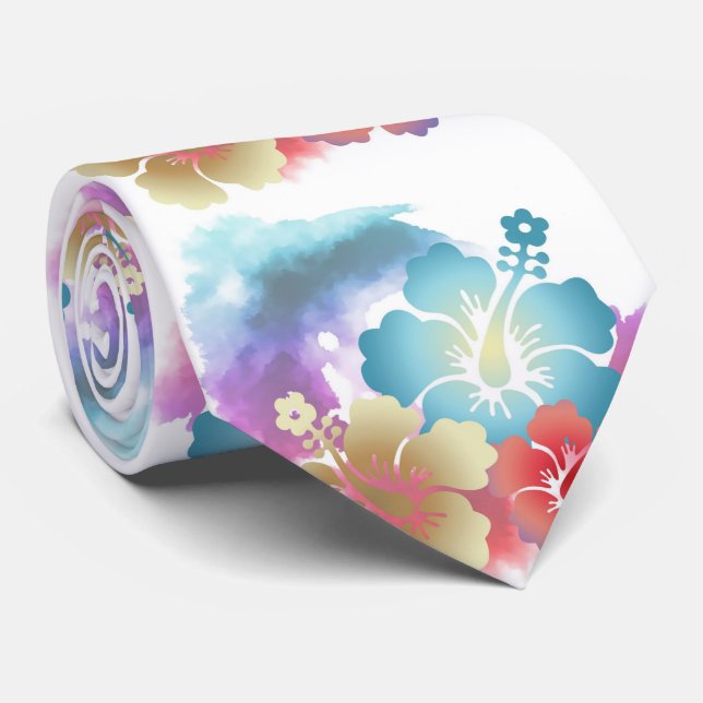 Beautiful Tropical Pastel Flowers on White Tie (Rolled)