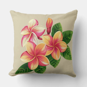 Beautiful Tropical Pink Flowers on Beige Cushion