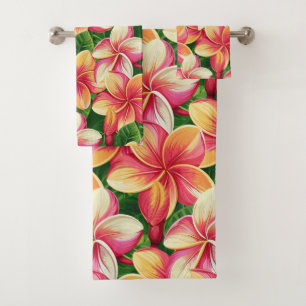 Beautiful Tropical Pink Flowers on Forest Green Bath Towel Set
