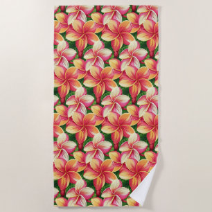 Beautiful Tropical Pink Flowers on Forest Green Beach Towel
