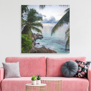 Beautiful Tropical Scene Ocean Palm Trees Rocks Canvas Print