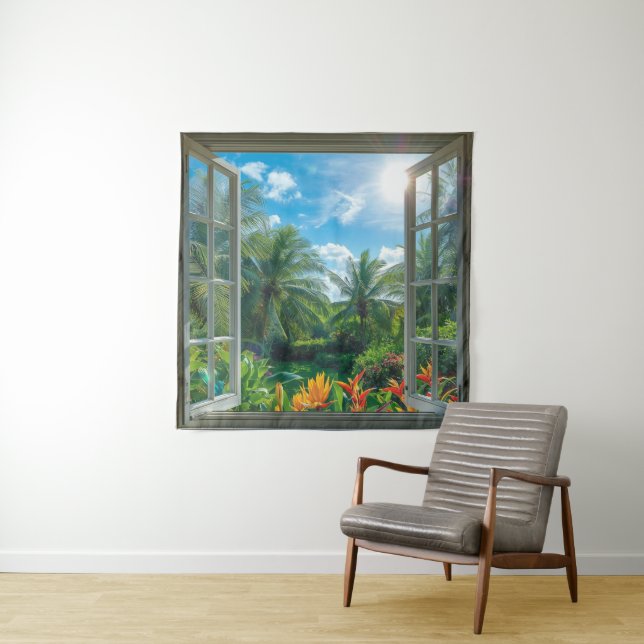 Beautiful Tropical Scenic Window Square Tapestry (In Situ)