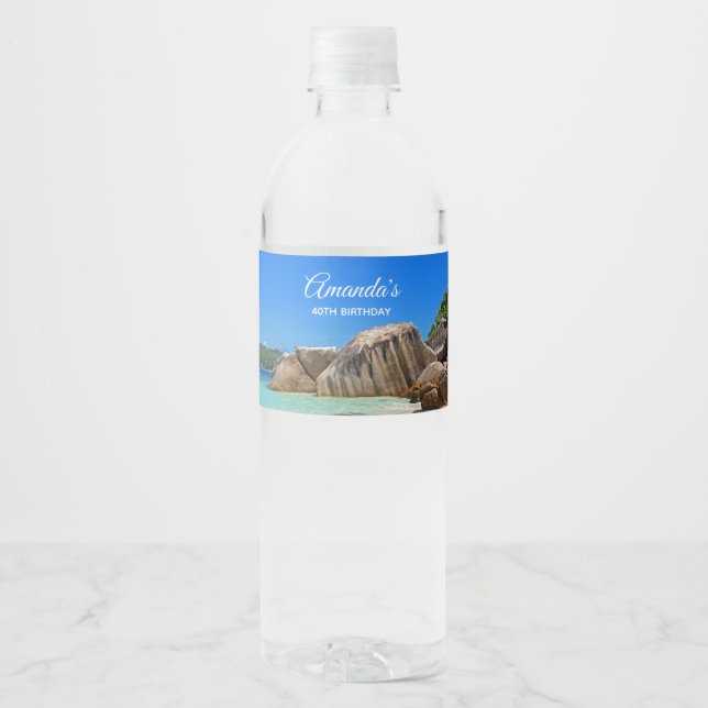 Beautiful Tropical Sea Rocky Coastline Birthday Water Bottle Label (Front)