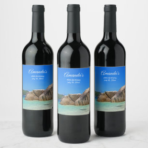 Beautiful Tropical Sea Rocky Coastline Birthday Wine Label