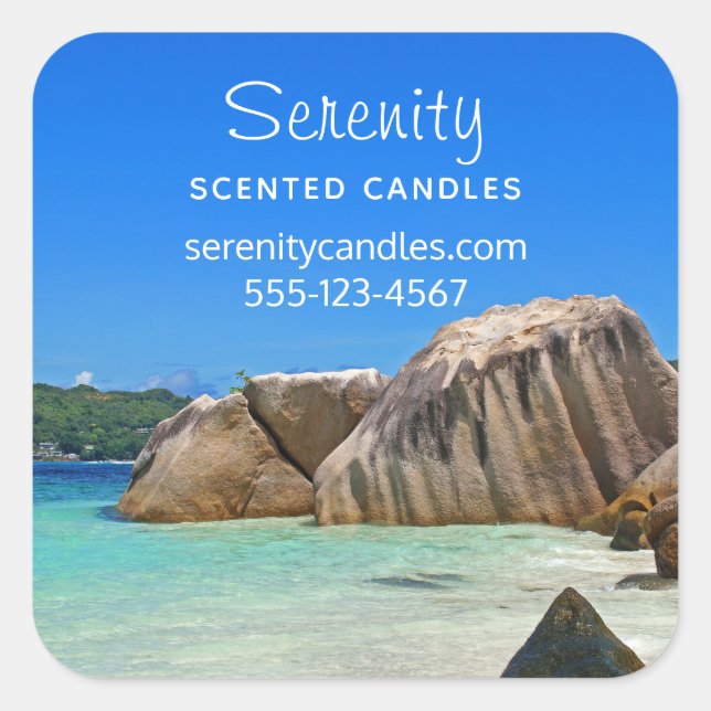 Beautiful Tropical Sea Rocky Coastline Business Square Sticker (Front)