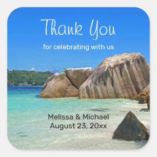 Beautiful Tropical Sea Rocky Coastline Wedding Square Sticker