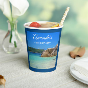 Beautiful Tropical Sea with a Rocky Beach Birthday Paper Cups