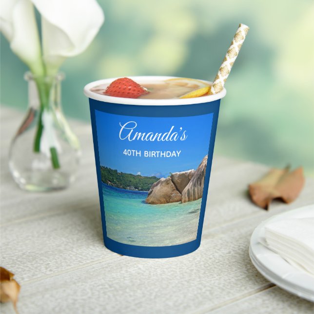 Beautiful Tropical Sea with a Rocky Beach Birthday Paper Cups (Insitu)