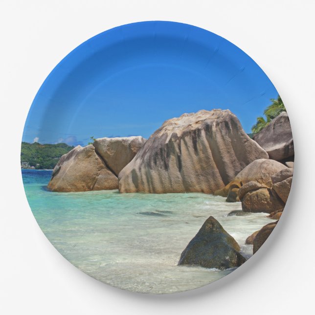 Beautiful Tropical Sea with Rock Covered Coast Paper Plate (Front)