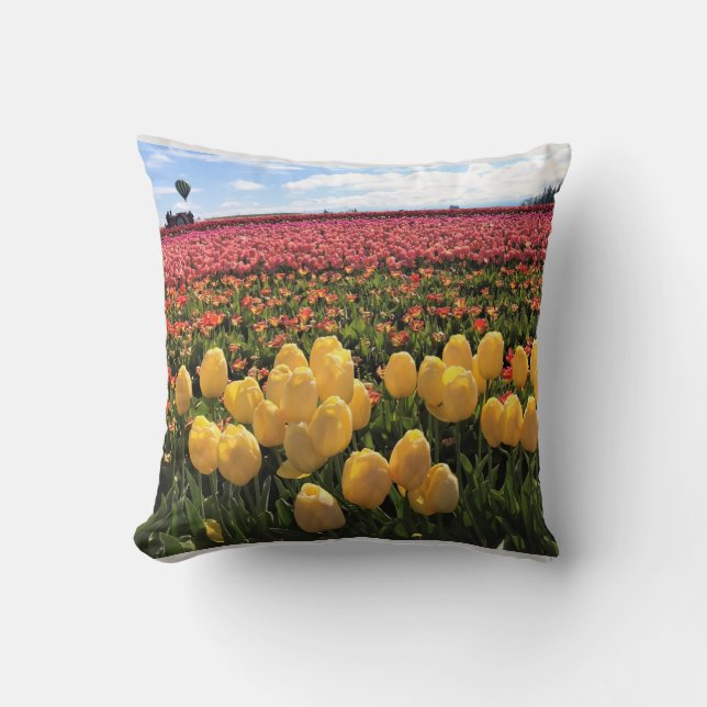 Beautiful Tulip Field with Hot Air Balloon, Oregon Cushion (Front)