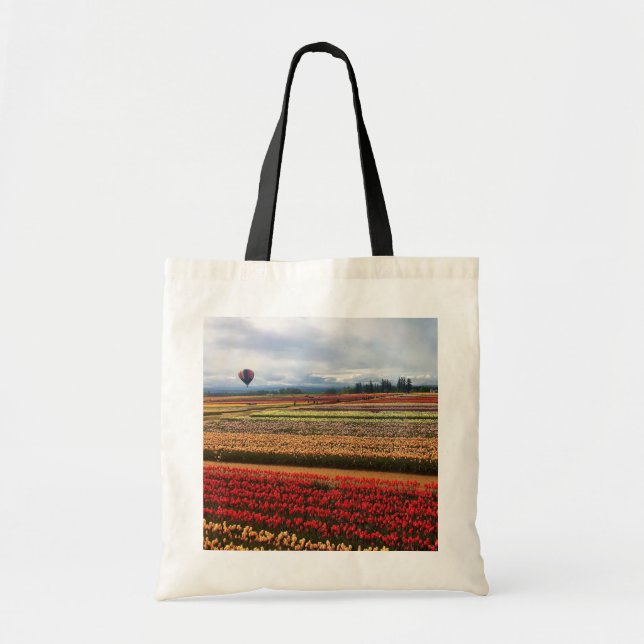 Beautiful Tulip Field with Hot Air Balloon, Oregon Tote Bag (Front)