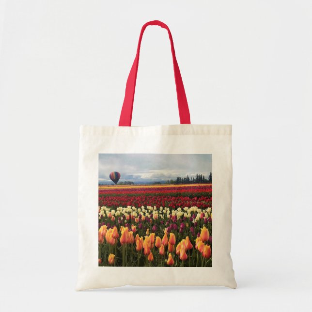 Beautiful Tulip Field with Hot Air Balloon, Oregon Tote Bag (Front)