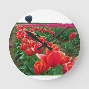 Beautiful Tulip Field with Hot Air Balloons Round Clock
