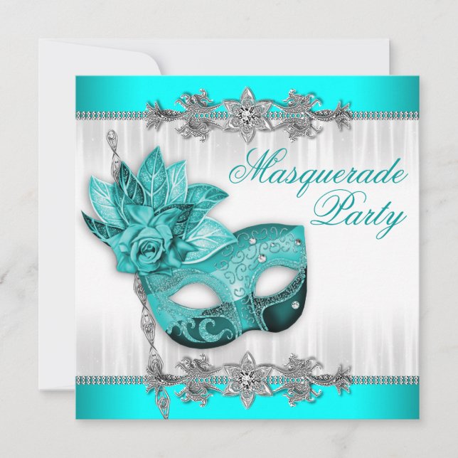 Beautiful Turquoise Blue Masquerade Party Invitation (Front)