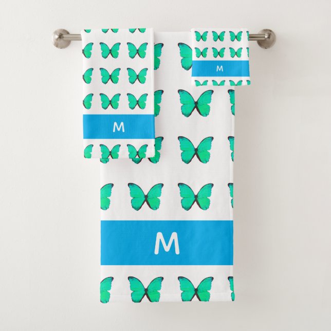 Beautiful Turquoise Butterfly Pattern on White  Bath Towel Set (Insitu)