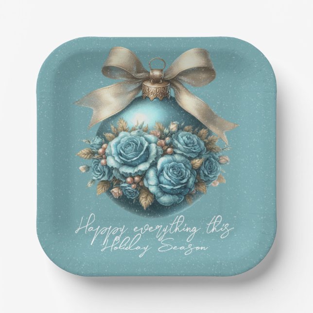 Beautiful Turquoise Christmas Ball Roses Snowfall Paper Plate (Front)