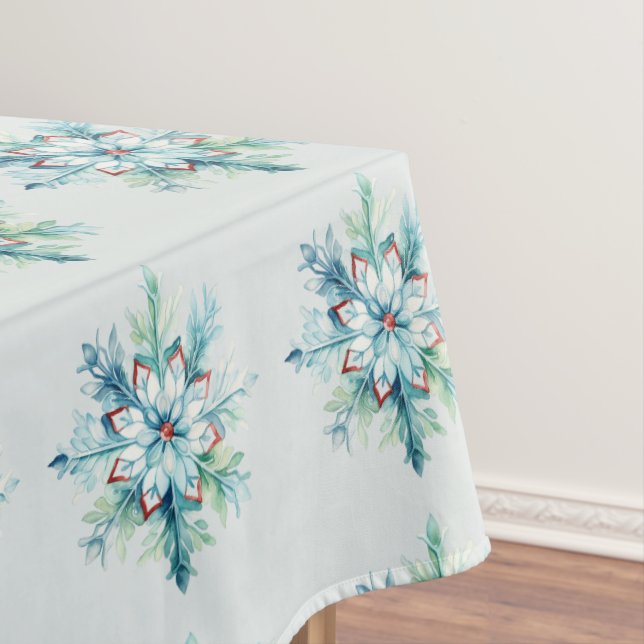 Beautiful Turquoise Green and Red Snowflake  Tablecloth (In Situ)
