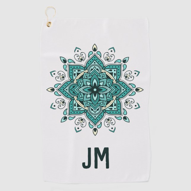 Beautiful turquoise mandala design golf towel (Front)