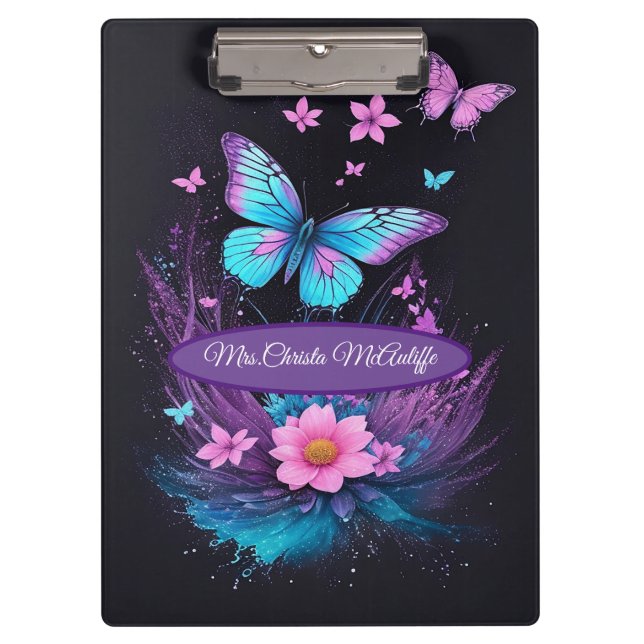 beautiful turquoise pink cute butterfly flowers clipboard (Front)