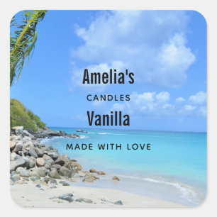 Beautiful Turquoise Tropical Beach Candle Business Square Sticker