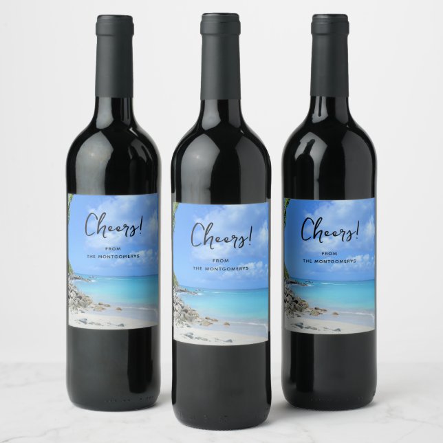 Beautiful Turquoise Tropical Beach Cheers Wine Label (Bottles)