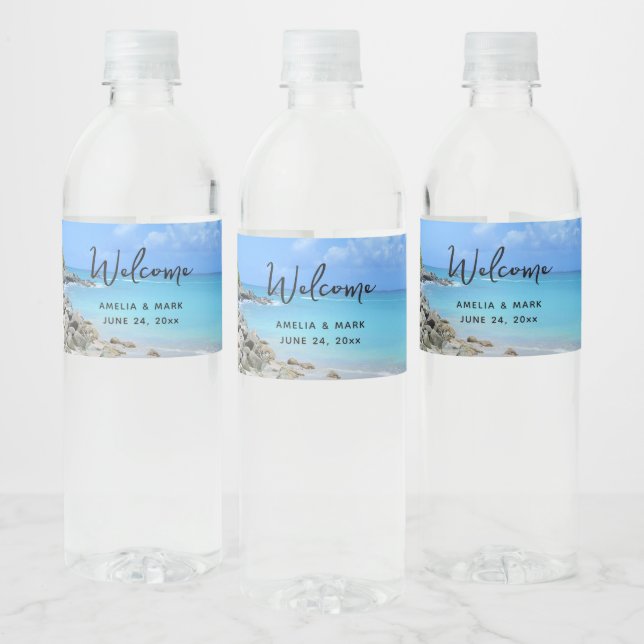 Beautiful Turquoise Tropical Beach Wedding Water Bottle Label (Bottles)