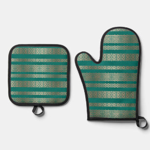 Beautiful, turquoise , turquoise with gold, lace , oven mitt & pot holder set