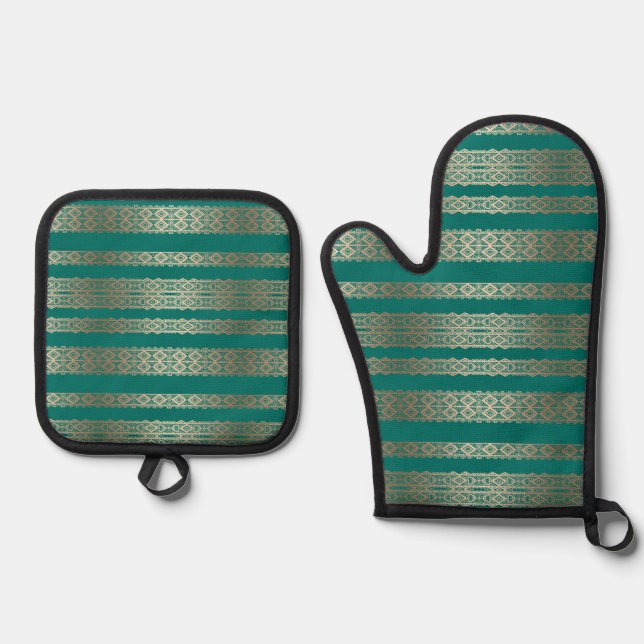 Beautiful, turquoise , turquoise with gold, lace , oven mitt & pot holder set (Front)