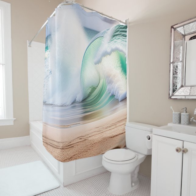 Beautiful Turquoise Waves Sandy Beach Summer Shower Curtain (In Situ)