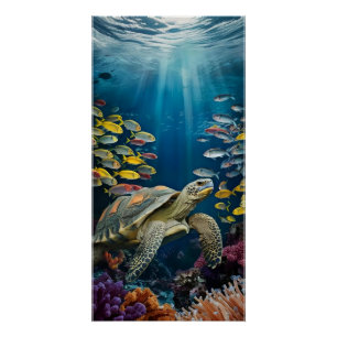 Beautiful Turtle, Fish and Sea Plants Poster