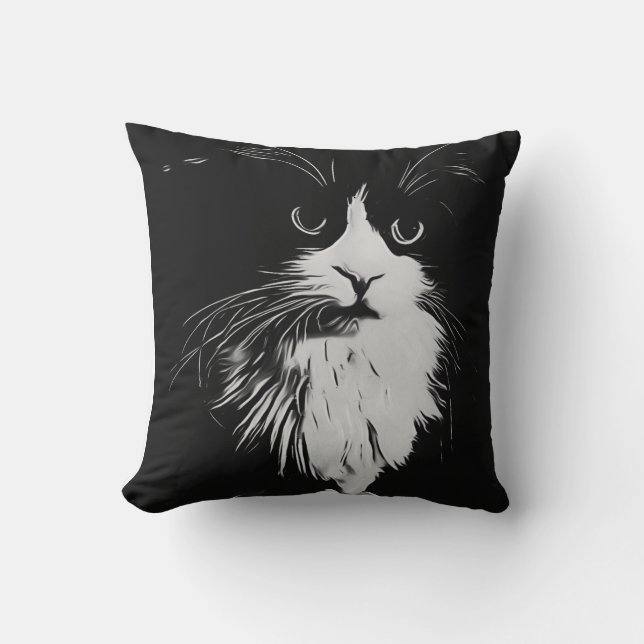 Beautiful Tuxedo Cat Black and White Art Print. Cushion (Front)