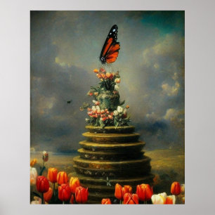 Beautiful two Butterfly flying over tulips modern Poster