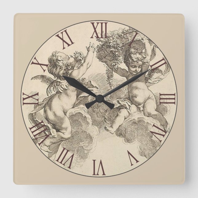 Beautiful Two Cherubs Roman Numeral Square Wall Clock (Front)