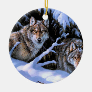 Beautiful Two Wolves Paintings Ceramic Tree Decoration