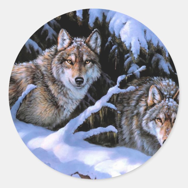 Beautiful Two Wolves Paintings Classic Round Sticker (Front)
