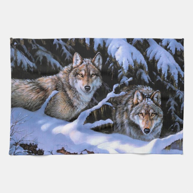 Beautiful Two Wolves Paintings Tea Towel (Horizontal)