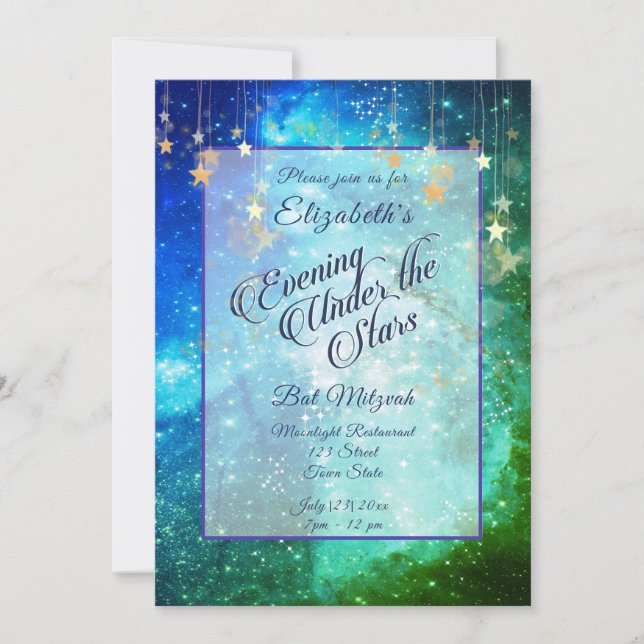 Beautiful Under the Stars Blue Green Bat Mitzvah Invitation (Front)