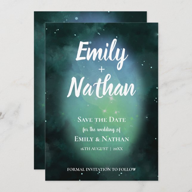 Beautiful UNDER THE STARS Green Typography Wedding Save The Date (Front/Back)