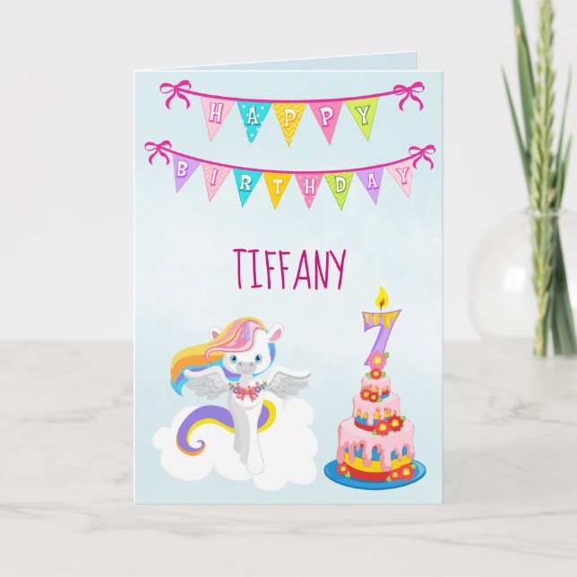 Beautiful Unicorn 7th Birthday Blue Card (Front)