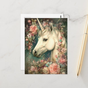 Beautiful Unicorn and Flowers Postcard