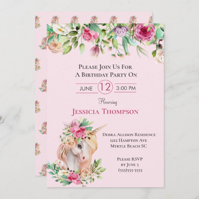 Beautiful Unicorn  Birthday Invitation (Front/Back)