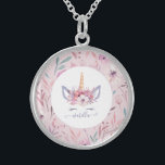 Beautiful unicorn face floral watercolor design sterling silver necklace<br><div class="desc">Beautiful fun colourful Unicorn face watercolor floral design. The perfect gift for the little girl in your life with this beautiful watercolor unicorn illustration and space to personalise. Part of a collection.</div>
