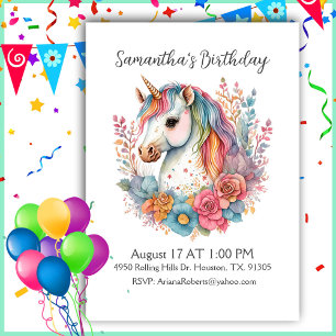 Beautiful Unicorn Girl Birthday Invitation