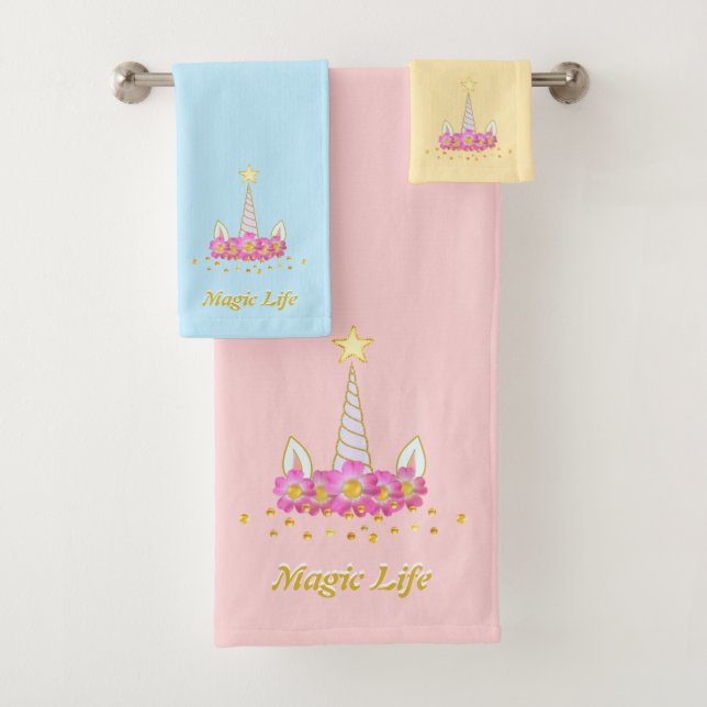 Beautiful unicorn head on pastel colours bath towel set (Insitu)