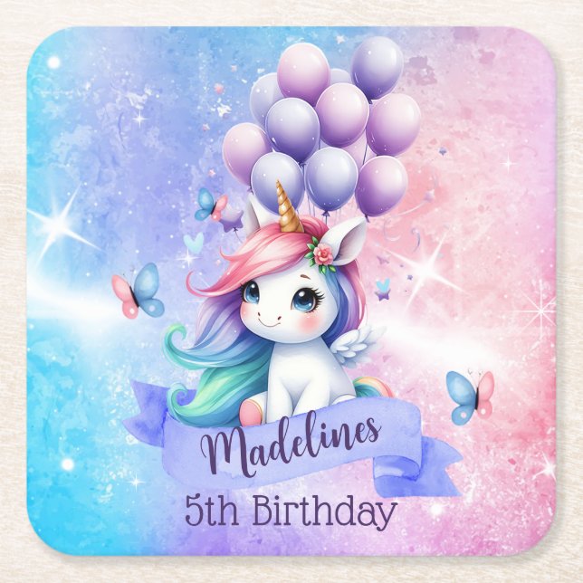 Beautiful Unicorn with Balloons Paper Coasters (Front)