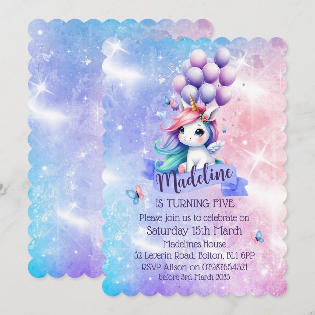 Beautiful Unicorn with Balloons Theme Invitations  (Front/Back)