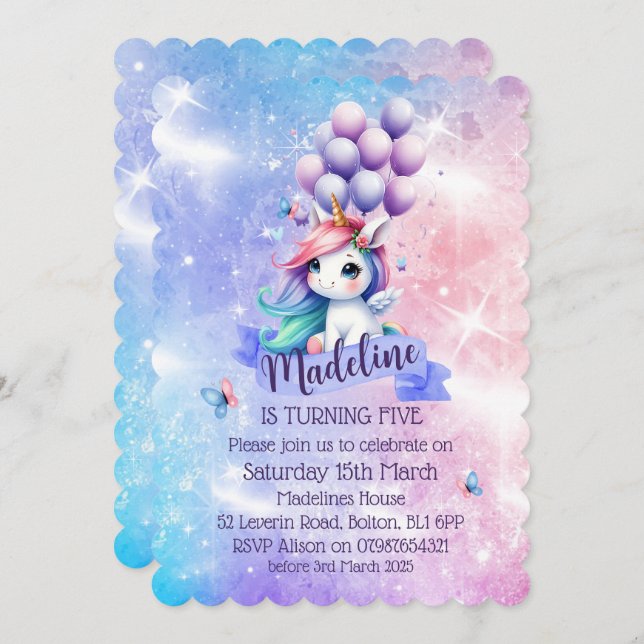 Beautiful Unicorn with Balloons Theme Invitations  (Front/Back)