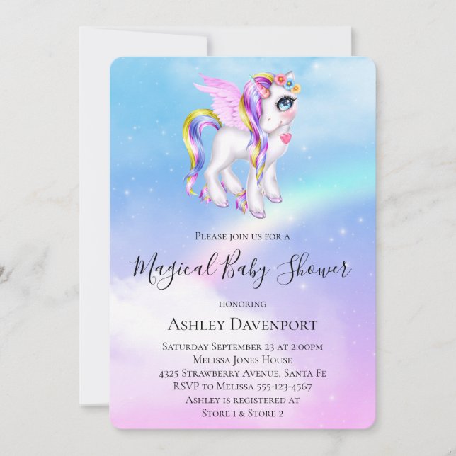 Beautiful Unicorn with Rainbow Mane Baby Shower Invitation (Front)